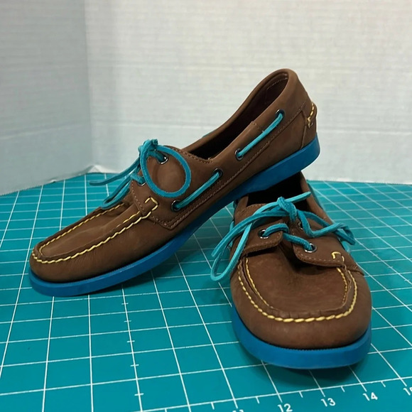 Sebago Shoes - Authentic Sebago Docksides in Chocolate brown and Teal laces and sole. Ladies 10
